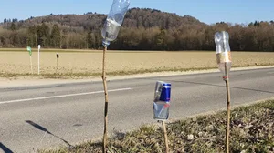 Laut Gerhard Fehr sollten Schilder am Feldrand gegen Littering helfen. Vielleicht tun es auch kreative Mahnmale. (Bild lid)