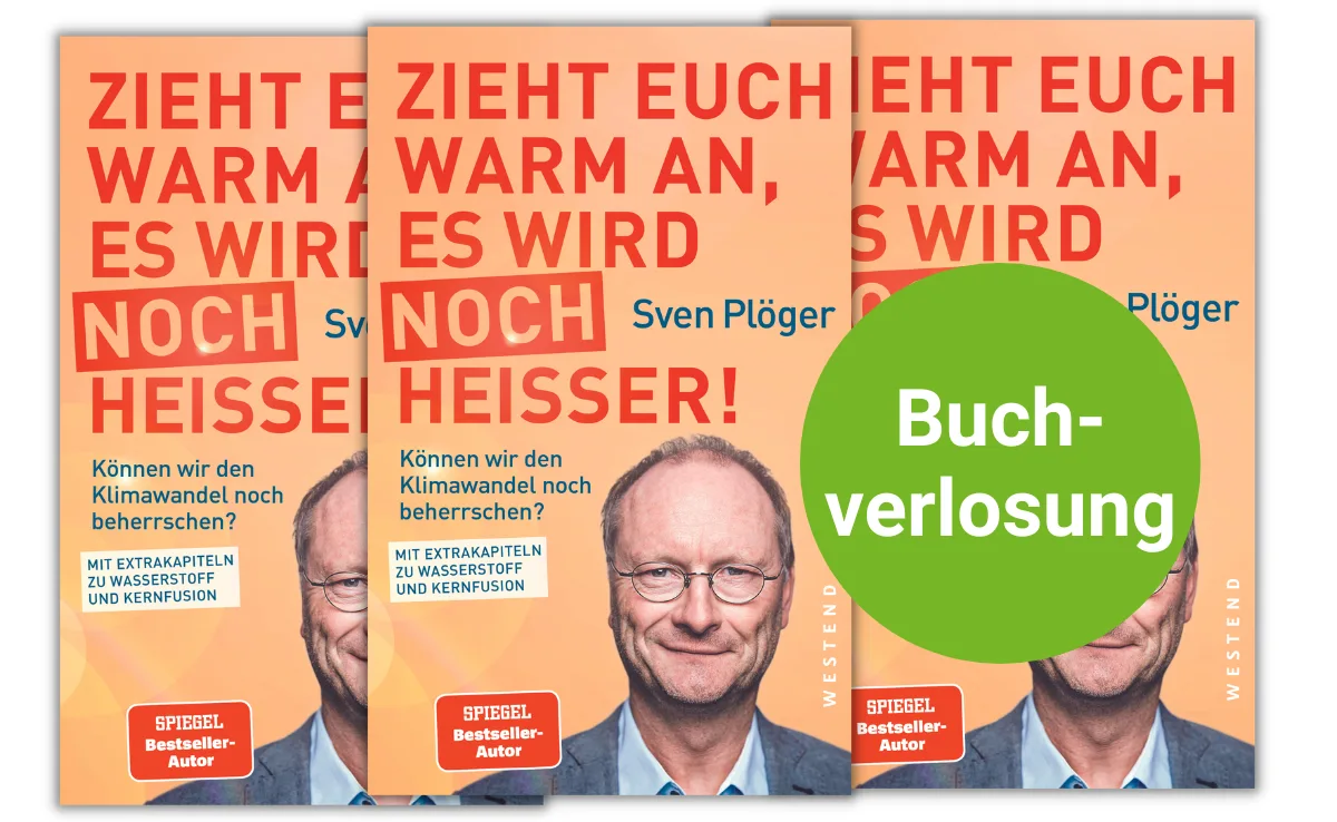Klimawandel-Ploeger-Buch das Cover des Buchs ist dreimal abgebildet. Im Vordergrund prangt ein grüner Kreis, in dem "Buchverlosung" steht.