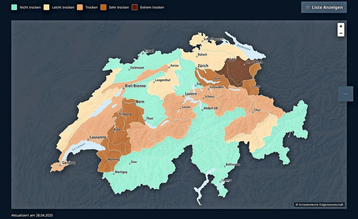 So präsentierte sich die Lage in der Schweiz Mitte April 2025. Die Lage hat sich nach den Niederschlägen Ende April deutlich entspannt.