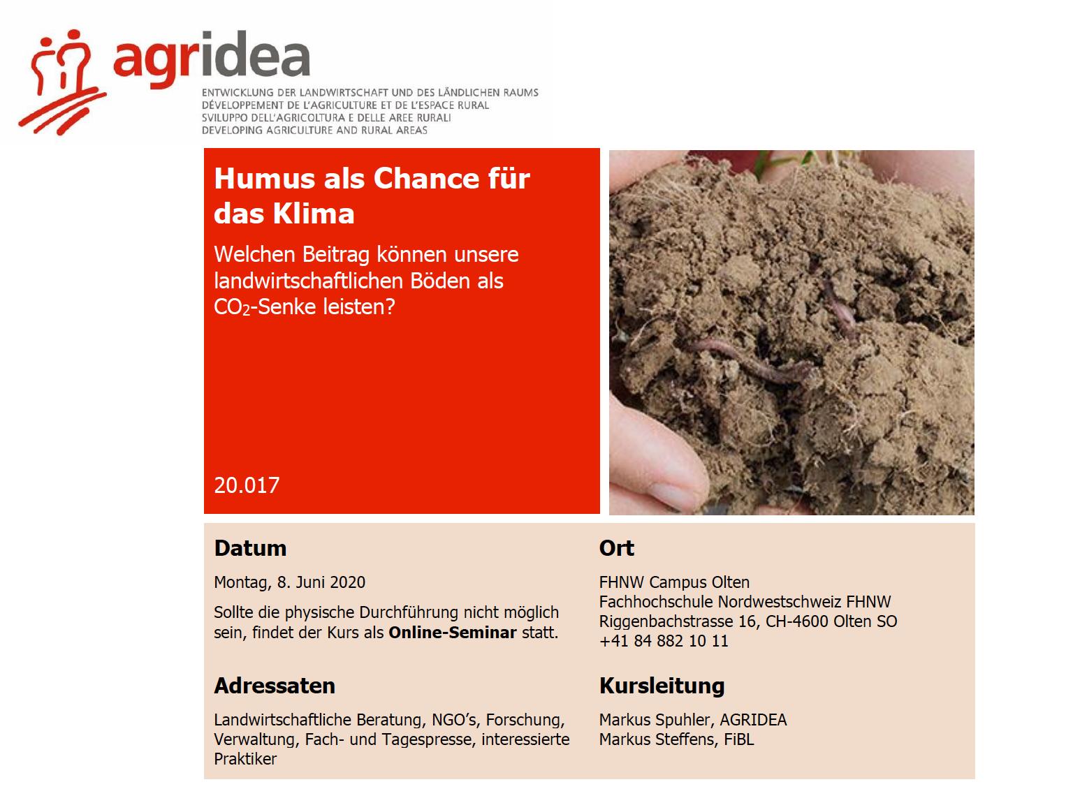 Am 8. Juni wird die Agridea einen Kurs zum Thema Humus und seine Chance für das Klima halten. Falls öffentliche Veranstaltungen aufgrund von Corona noch nicht möglich sein werden, wird dieser Kurs online durchgeführt. (Screenshot Katrin Erfurt)