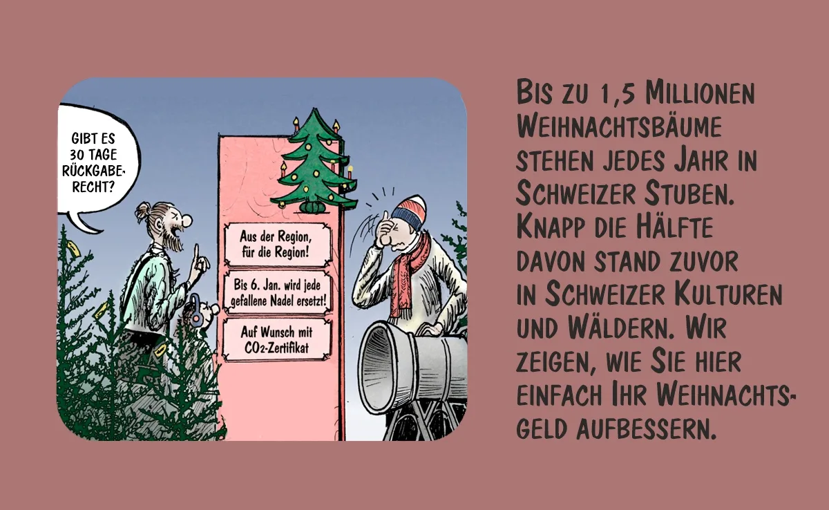 Cartoon von Marco Ratschiller/Karma: Weihnachtsbäume geschickt vermarkten