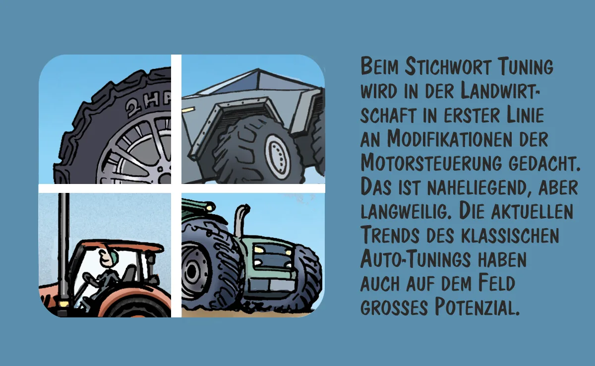 01_Juni Cartoon von Marco Ratschiller/Karma: Trends des Auto-Tunings am Traktor