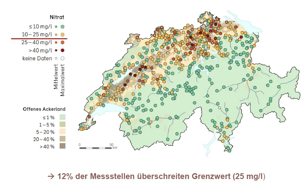 57d1813cdc8bf4ba06b902b6d5a2b1df027ab9ce Die Nitratmessstellen und ihre Werte. (Quelle Naqua/Bafu)