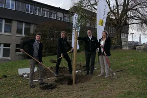 Sie haben einen Apfelhochstammbaum als Symbol für die Partnerschaft gepflanzt: v.l.n.r.: Jürn Sanders (FiBL), Ueli Voegeli und Thomas Rilko (Strickhof), Barbara Früh.