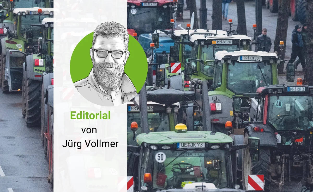 editorial_24-02_vollmer_juerg_bauernprotest Traktoren bei den deutschen Bauernprotesten und Porträtzeichnung von «die grüne»-Chefredaktor Jürg Vollmer