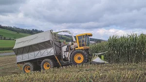 Mit dem Ladebunker kann auf ein nebenherfahrendes Fahrzeug für den Abtransport verzichtet werden. Dies schont die Bodenstruktur. Bild: Martina Rüegger