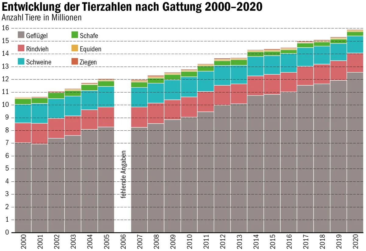 37385ceeeb31a7475826dfe49d8b2428d0d72a6e Der Geflügelbestand hat in der Schweiz in den letzten 20 Jahren kontinuierlich zugenommen. (Daten agristat/Grafik mi)