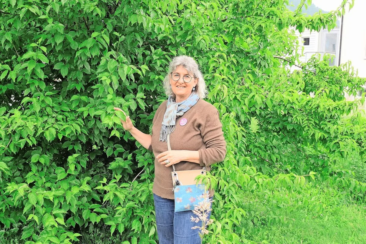 Sabine Bosshard vor einer Kornelkirsche im Schulgarten. Sie weiss, was man in der Küche aus den Früchten zaubern kann.