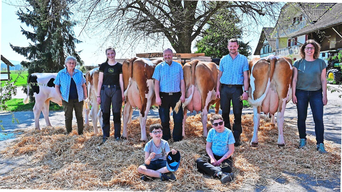 Familie von Dach freut sich über ein tolles Ergebnis an der Zuchtfamilienschau um Stammkuh Belle (v. l. n. r.): Margrit, Laura, Markus, Reto und Christine von Dach sowie (vorne v. l. n. r.): Noah und Levin.