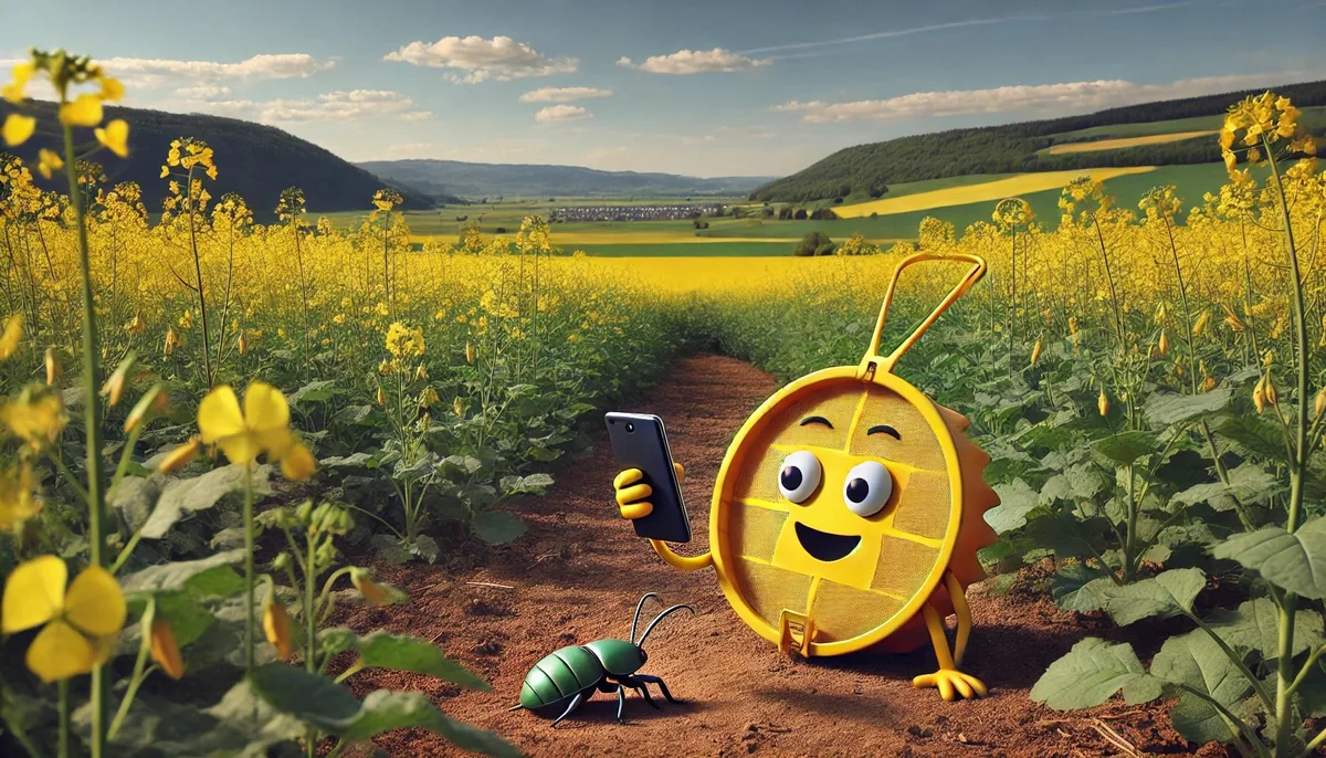 DALL_E_2024-08-16_13.01.38_-_A_whimsical_scene_set_in_a_field_in_the_Swiss_Plateau__Mittelland__with_rapeseed_plants_in_the_vegetative_stage._In_the_middle_of_the_field__there_s_a Sie ist teuer, aber nützlich: Darum braucht man (vielleicht) die digitale Gelbfangschale