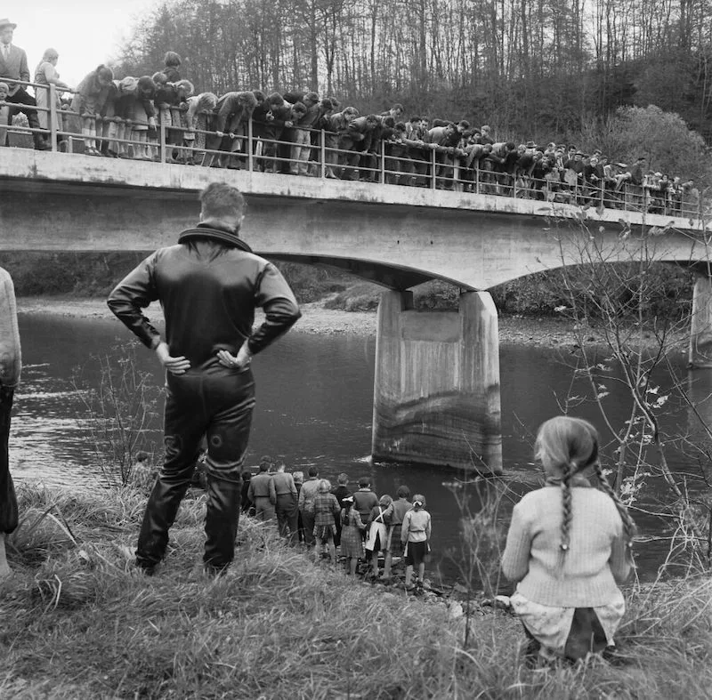 2e4513be35fcf5a2ecbeabd0abbe3f5e6702bc8a Die Suche nach der Leiche des Landmaschinenhändlers Peter Stadelmann an der Reussbrücke zwischen Mülligen AG und Birmenstorf AG. (Bild Jost©StAAG/RBA1-1-24077-1_3)