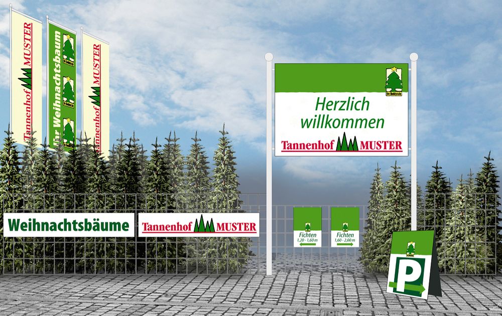 Musterbeispiel: Gruppierte Frahnen, einheitliche Planen und Schilder. Klar ersichtlich ist auch das Logo des Betriebs und das Logo der  norddeutschen CHristbaum-IG «Die Norddeutsche». (Bild: zVg)