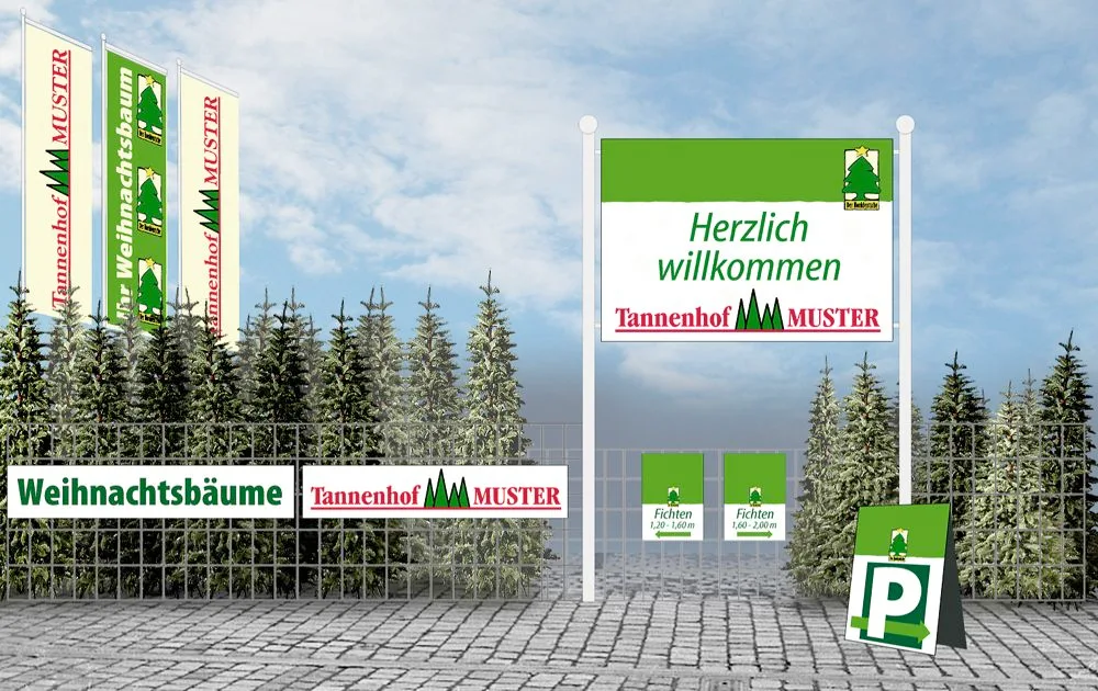 Musterbeispiel: Gruppierte Frahnen, einheitliche Planen und Schilder. Klar ersichtlich ist auch das Logo des Betriebs und das Logo der  norddeutschen CHristbaum-IG «Die Norddeutsche». (Bild: zVg)