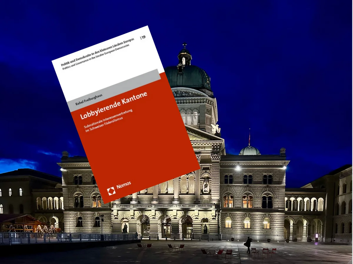 lobbyierende_kantone_freiburghaus_rahel_buchcover Buchcover «Lobbyierende Kantone» vor dem Bundeshaus.