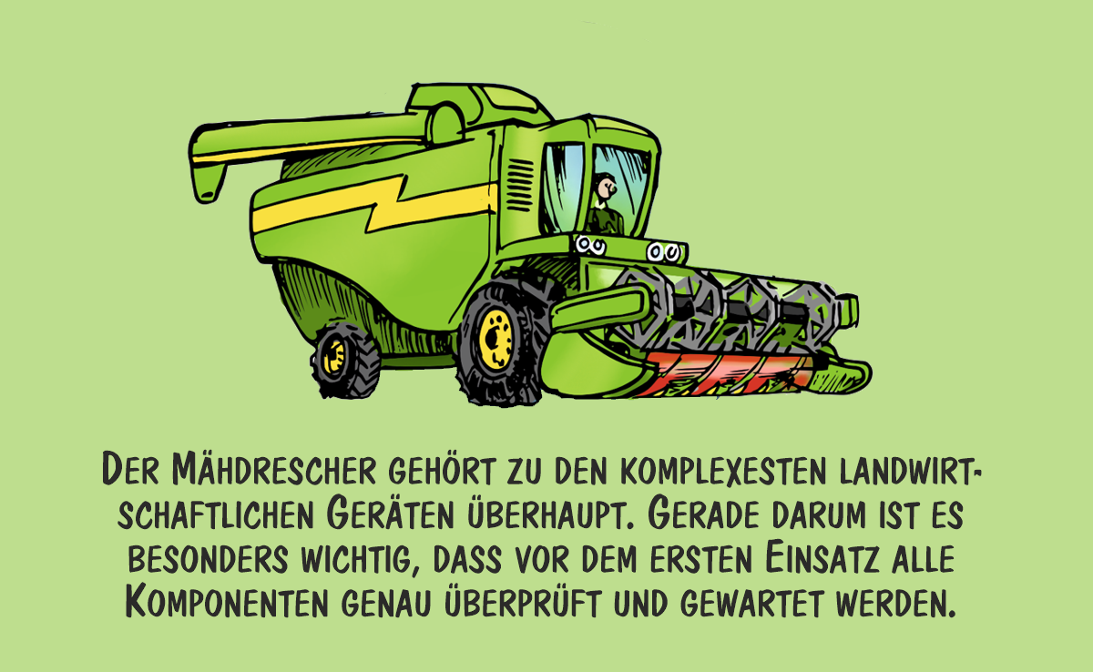 Cartoon von Marco Ratschiller/Karma: Den Mähdrescher auf die Ernte vorbereiten