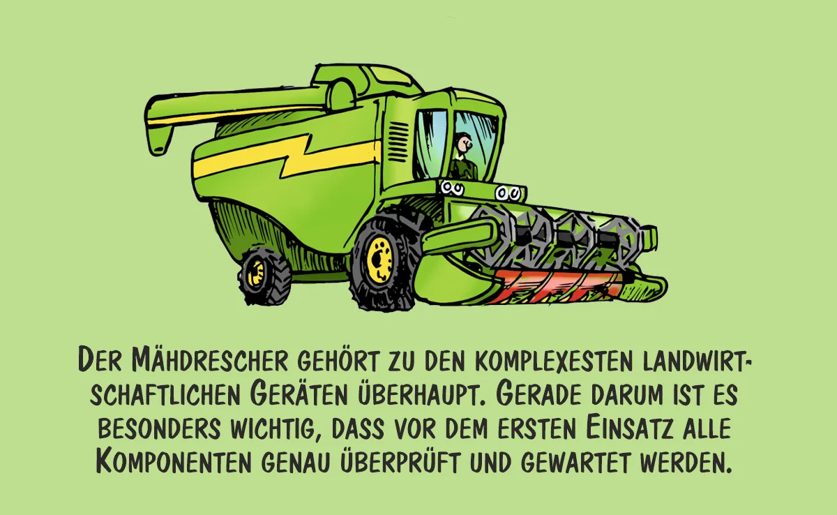 Cartoon von Marco Ratschiller/Karma: Den Mähdrescher auf die Ernte vorbereiten