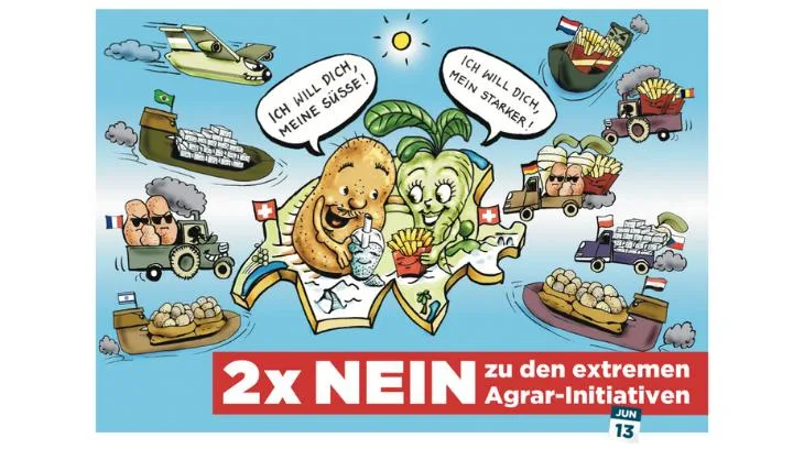 Zuckerrübenpflanzer und Kartoffelproduzenten werben gemeinsam mit dieser Postkarte für ein Nein zu beiden Pflanzenschutz-Initiativen. (Bild VSKP / SVZ)