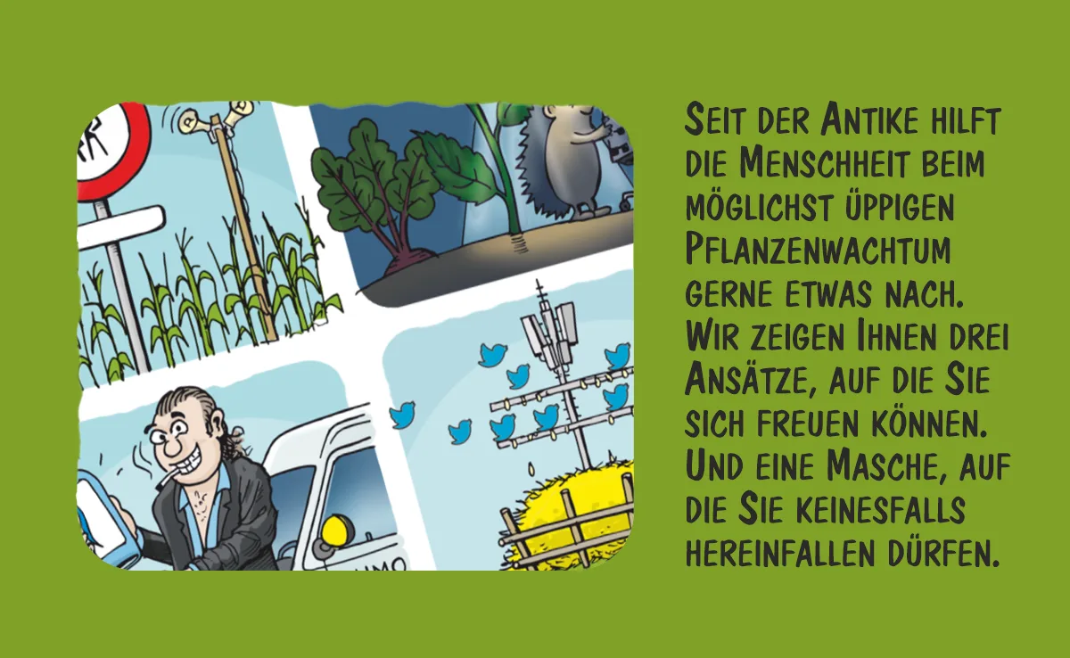 00_August Cartoon von Marco Ratschiller/Karma: Pflanzen zum Wachsen anregen