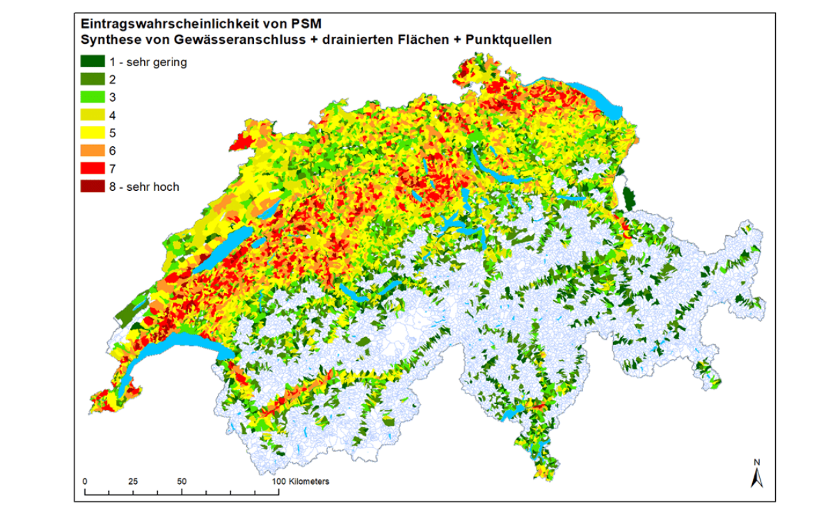 Hotspots für den möglichen Eintrag von Pflanzenschutzmitteln in Oberflächengewässer