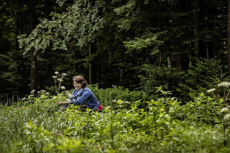 Im Buch sieht man Edith Aschwanden Kerbel pflücken. Das hat einen Grund: Vor dem Fotoshooting regnete es in Strömen und alles war pflotschnass. Deshalb brachte sie die wenigen verbliebenen Blumen am Vorabend zum Trocknen in die Garage. (Bild Tina Sturzenegger)