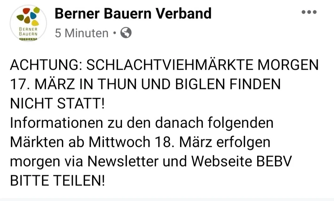 de1f0be7ce34c2f640f23d732b9e3b2a71aafea5 Die am Montagabend versandte Nachricht des Berner Bauernverbands. (Bild Screenshot)
