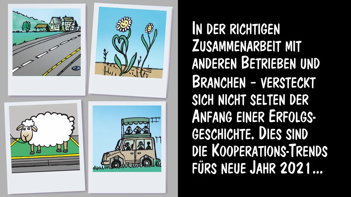 97753e7f2ed1f82d46f32f6c84be4664bb9f7796 Das sind die Kooperationstrends fürs Jahr 2021. Cartoons: Marco Ratschiller/Karma