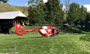 Der Rettungshelikopter auf dem Reitplatz in Lütisburg SG. (Bild Kapo SG)
