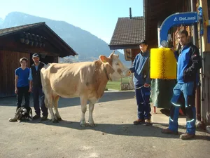 Michael, Markus und Patrick Zurbrügg, mit Akaley sowie DeLaval Händler Beat Lörtscher. (Bild zVg)