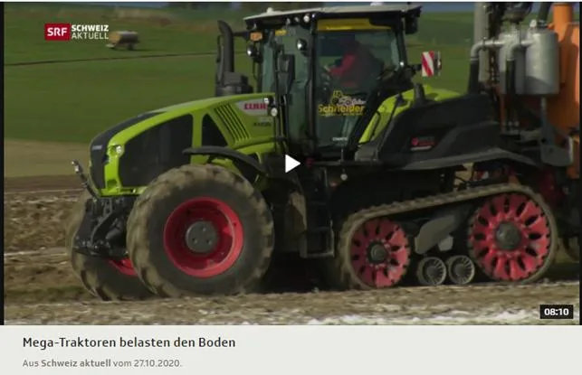 97859364e774b064587eb9a2100f3c27cdfbe392 Der Raupentraktor eines Lohnunternehmers kam im SRF-Beitrag nicht besonders gut weg. (Bild SBV)