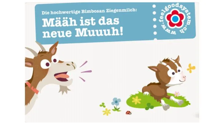699fd33d0ffa7c1ee57cbea9aaaebdacc4196994 «Mäh ist das neue Muh» – unter diesem Motto bewirbt Hochdorf die neue Bimbosan-Babynahrung aus Ziegenmilch. (Bild Bimbosan)
