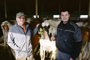 Walter und Sohn Bruno Schütz setzen auf «Moocall». Die Manschette erkennt aufgrund des Bewegungsmusters des Schwanzes, wann die Wehen bei der Kuh einsetzen. (Bilder Katrin Erfurt)
