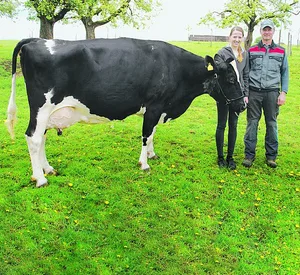 Markus Wyss und Tochter Michelle in Grasswil BE sind stolz auf Rudolph Haiti, die Kuh mit der derzeit höchsten Lebensleistung in der Schweiz. (Bild Peter Fankhauser)