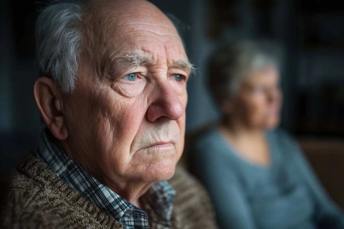 AdobeStock_1871126723 Sad and Lonely Senior Man Looking Away with His Wife in the Background