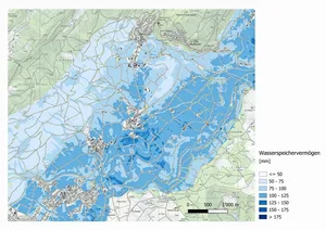 Karte zum Wasserspeichervermögen am Fusse des Waadtländer Jura. Gebiete mit den tiefsten Reserven entsprechen Wald oder sehr steinigen Gebieten.Bild: HAFL