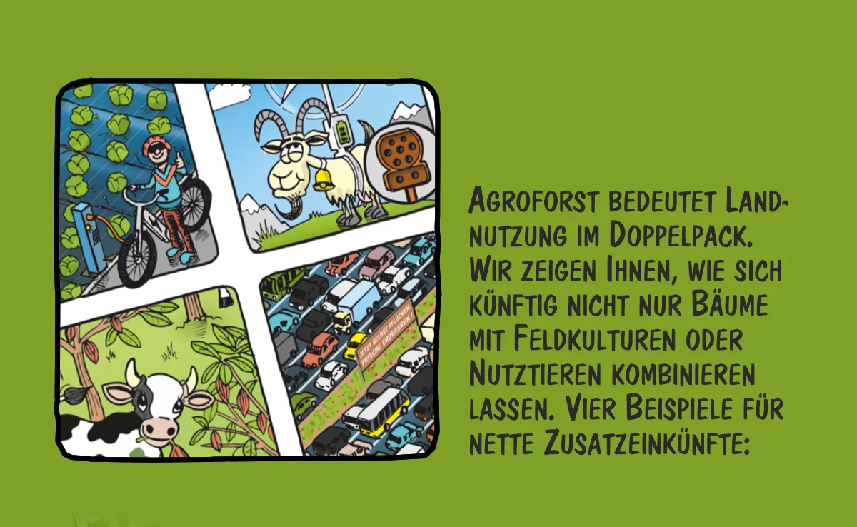 00_Juli Cartoon von Marco Ratschiller/Karma: Landwirtschaft im Doppelpack dank Agroforst