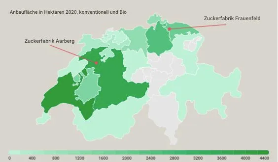 150108503b8218271d8887c2eb1284f80d57bb7b Die Anbauflächen von Zuckerrüben sind sehr ungleichmässig über die Schweiz verteilt. (Grafik lid)