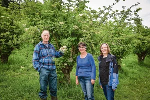 Sie haben sich auf ihrem Betrieb ein Standbein mit Holunder aufgebaut (v. l. n. r.): Peter, Katharina und Katya Grundbacher.(Bild Barbara Heiniger)