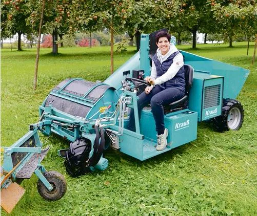 Gekonnt manövriert Nicole Schmid die Apfelauflesemaschine durch die Hochstammbäume. Nebst einem Flair für Landtechnik hat die Bäuerin aber auch ein Auge für den Gesundheitszustand ihrer Kühe. (Bild Isabelle Schwander)