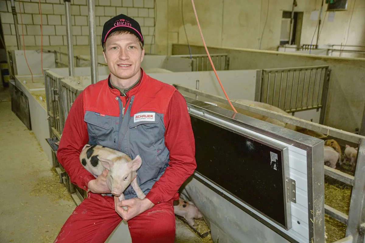 e062bd9be60490fbe73cf98791599a7ef35d541c0580e04abf37b0faa1a8c595 Junglandwirt und Agronom Simon Bernhard im Abferkelzimmer. Dort hat es Platz für 40 Sauen aus einem AFP-Ring, die Ferkel werden alle auf dem Betrieb ausgemästet.