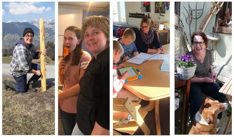 f21fa43566b3c9d99276d70fd8fc7784c50ec28e Draussen, in der Küche, im improvisierten Schulzimmer oder im Garten – die Bäuerinnenpräsidentinnen wissen sich zu beschäftigen. (Bilder zVg / Montage jsc)