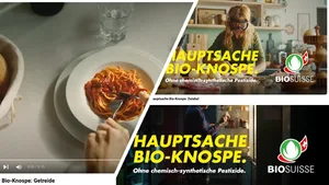 Zwiebeln schneiden mit Taucherbrille und Spaghetti mit dem Messer zerschneiden oder aus einem Kühlschrank sich Essen holen - so präsentiert sich Bio Suisse am TV mit dem Slogan «HAUPTSACHE BIO-KNOSPE ohne chemisch-synthetische Pestizide.»
