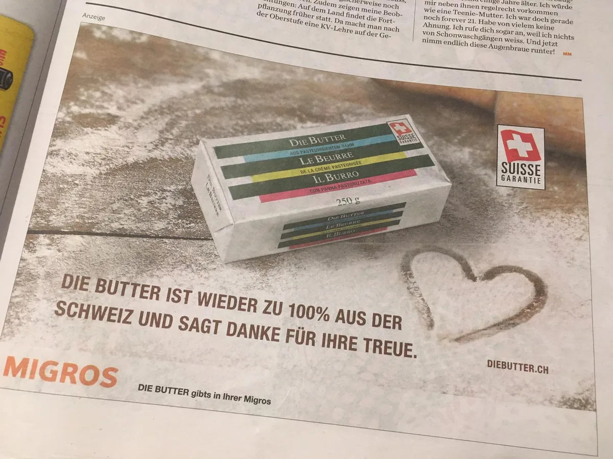 2206c4caf45817d8e5b61ea6c6dc92139888b445 «Die Butter» ist wieder aus Schweizer Milch, wie dieses Inserat im Migros-Magazin freudig verkündet. Dabei muss es auch bleiben, betonen die SMP. (Bild jsc)