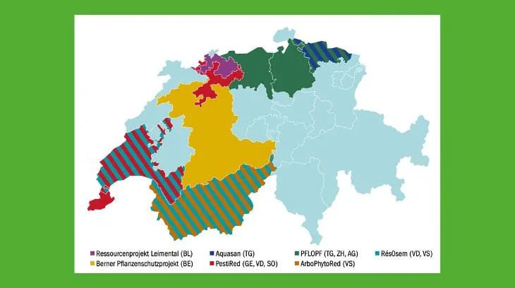1246d45138df25b2e82fe0ea1ec8845573adfcdc Schweizweit laufen aktuell sieben Projekte des «Resourcenprogramms», die sich speziell auf die effizientere Anwendung von Pflanzenschutzmitteln in Spezial- und Ackerkulturen fokussieren. (Grafik mi)