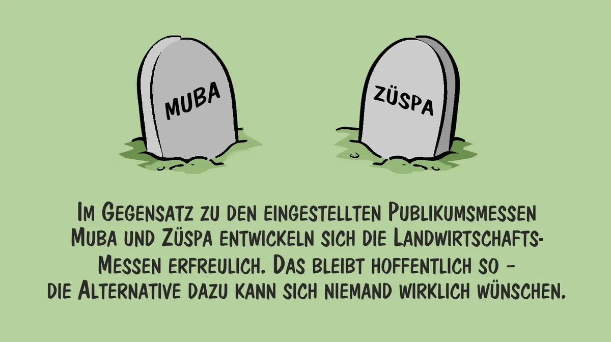 3ca908a294d54c3cc0ae780404fde4254ac04f91 Der Karikaturist Marco Ratschiller / Karma zeigt Alternativen zu den Landwirtschaftsmessen, die sich niemand wünschen würde.