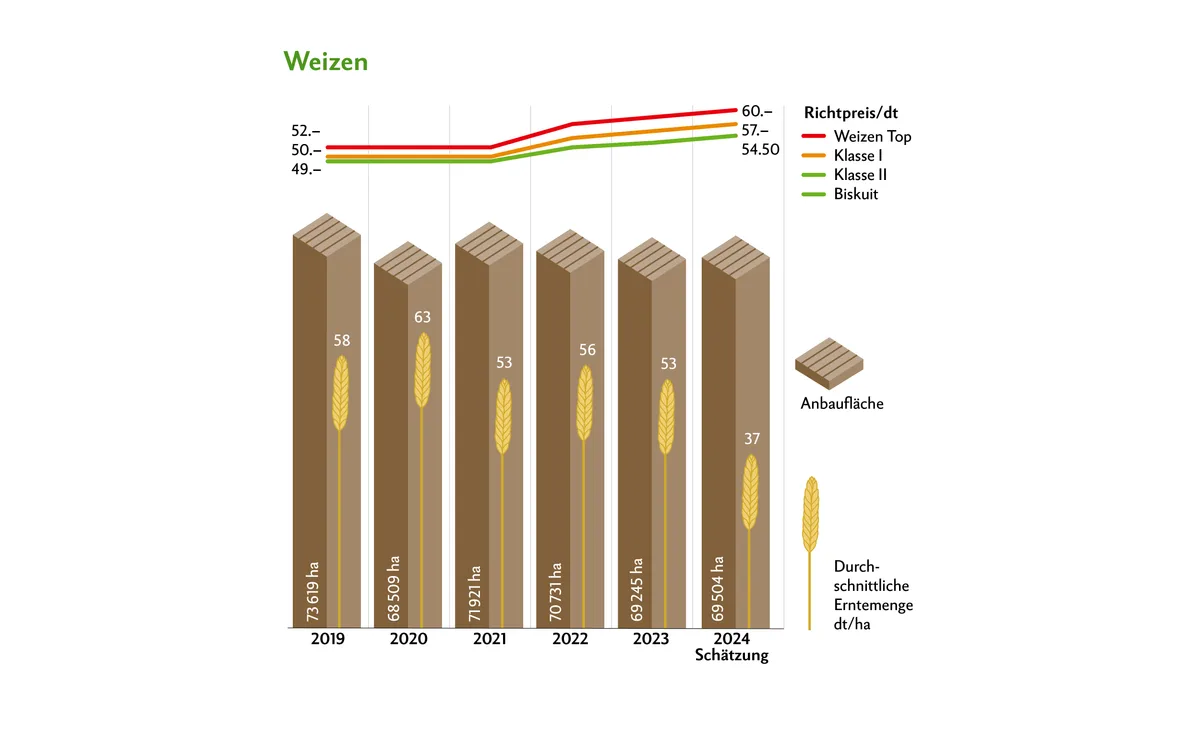 Mit 37 dt/ha liegen die Erträge deutlich unter dem Mittel der letzten Jahre. Die Preise wurden um je 1.50 Franken erhöht. Quelle: Swiss Granum
