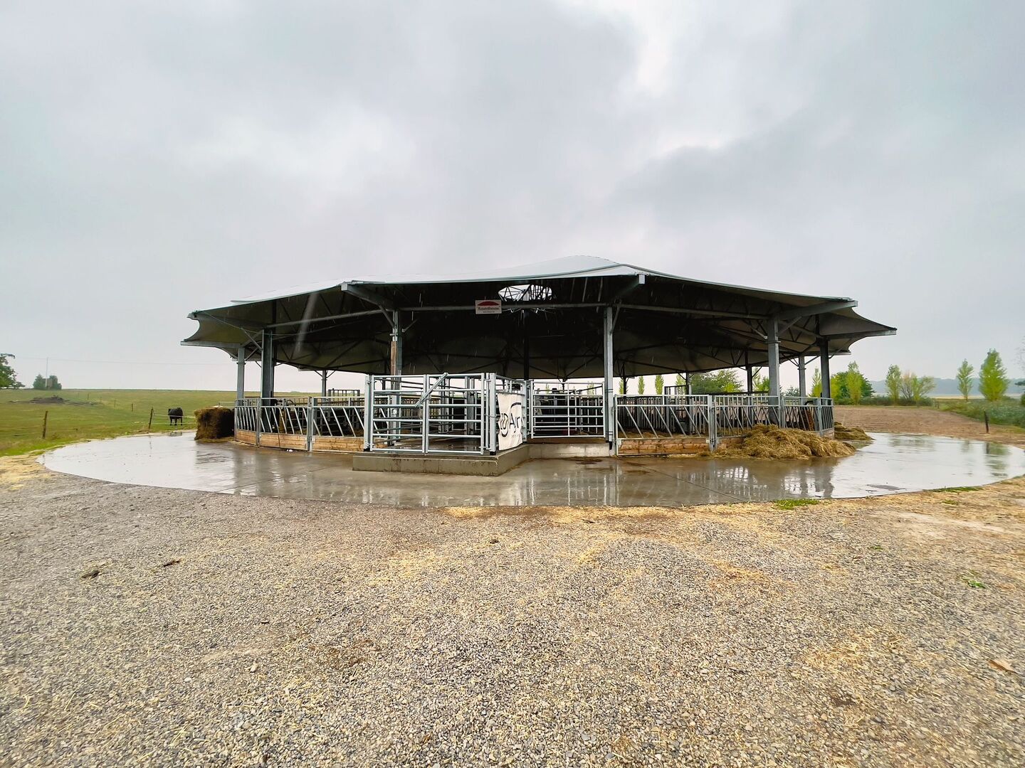 Was aussieht wie ein Zirkuszelt ohne Seitenwände ist ein Roundhouse-Stall. Das Dach mit 30 Meter Durchmesser bietet den Tieren Schutz vor Regen, gleichzeitig aber auch frische Luft und Komfort.