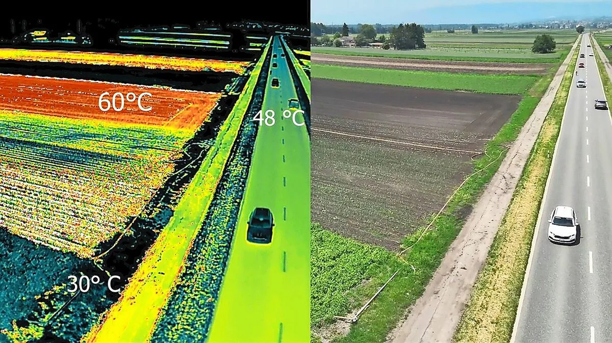 Der bearbeitete Acker links (rot) erhitzt sich an einem heissen Sommertag auf 60 Grad, während die Strasse «nur» 48 Grad warm ist.