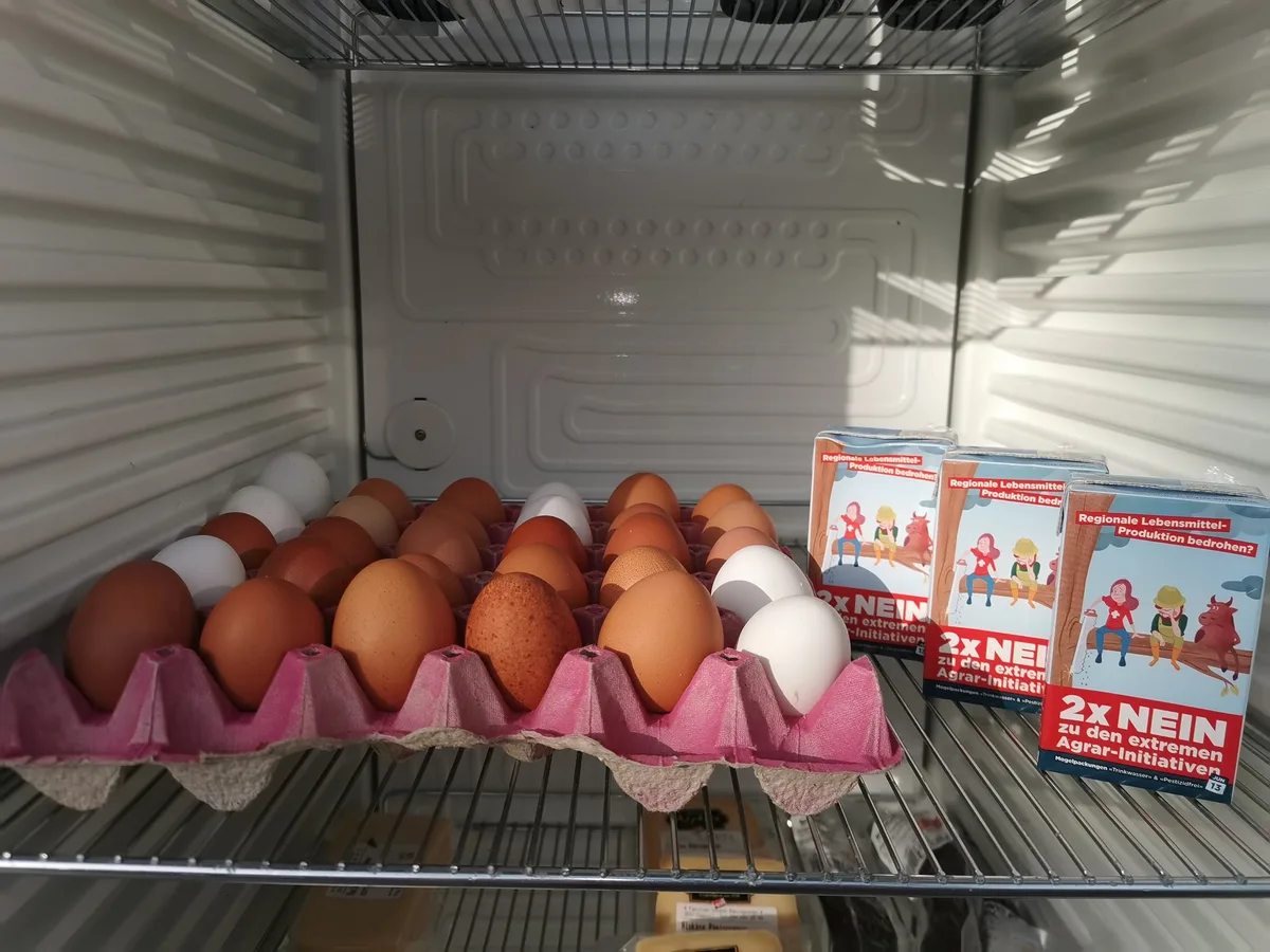 75e303c4cf361a001fedf9ff8d5254933a6efd56 SChweizer Eier im Kühlschrank des Direktvermarkters. Was haben sie mit der Trinwasser-Initiative zu tun? (Bild sb)