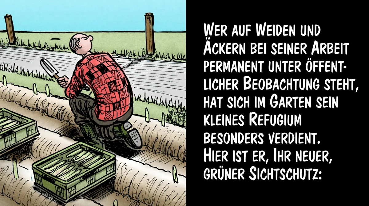 0b67451d324503082a88fa263de16e5b1bf9d7ad Ein Refugium für Landwirte dank Sichtschutz. Cartoon: Marco Ratschiller/Karma