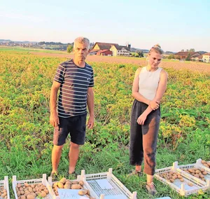 Peter Metzger (l.) baut die neue Kartoffelsorte Montis an. Carol Tanner betreut den Anbauversuch mit dem Pflanzabstand.